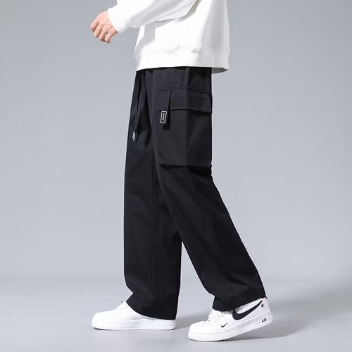 Men's Summer Trendy Simple Versatile Loose Large Pocket Drawstring Casual Pants Men Fashion Workwear Sporty Casual Pants