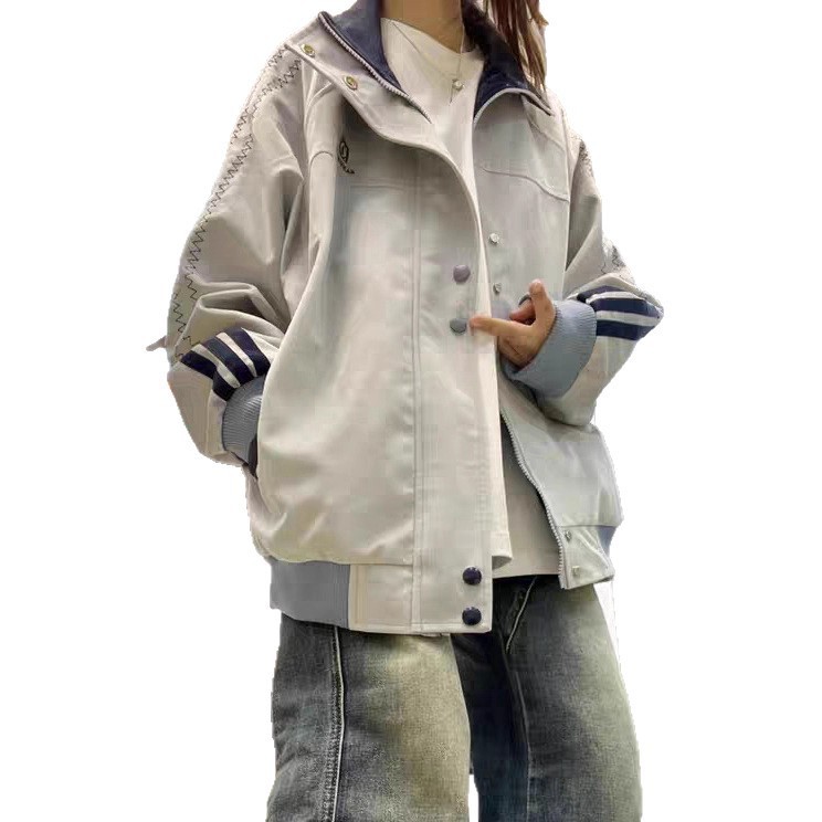 新品美式复古撞色外套女2025春秋季宽松休闲百搭夹克棒球服上衣|undefined
