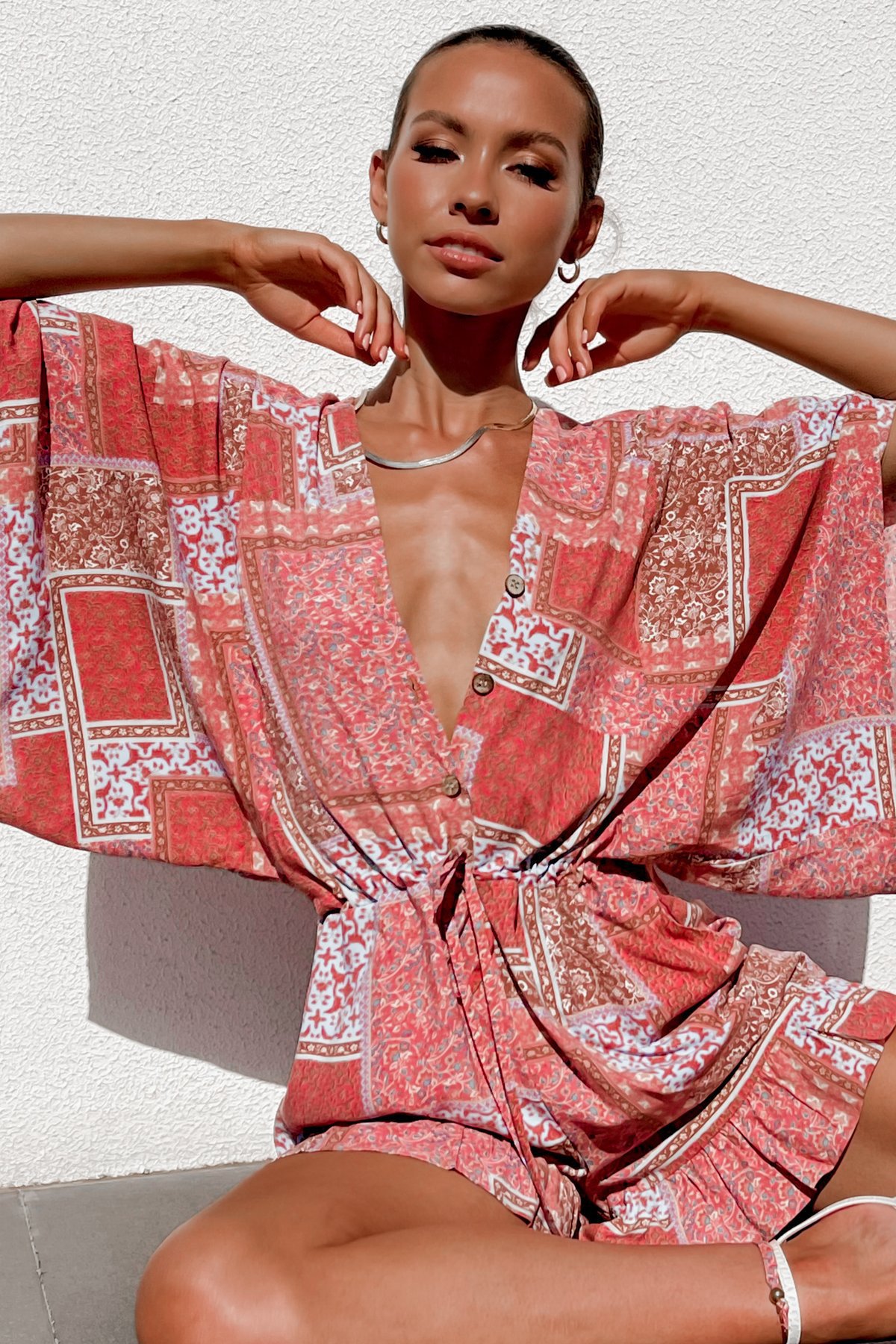Summer Women Clothing Printed V Neck Ruffled Short Sleeves Loose Casual Jumpsuit