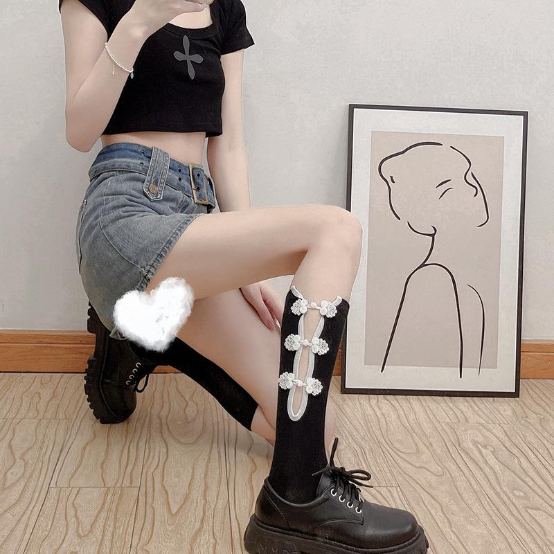 New Chinese Style Cheongsam Button Decoration Side Opening Cotton Socks, Slouch Socks, Sweet Cream Girl Calf Socks, Mid-Calf Socks New Chinese Style Cheongsam Button Decoration Side Opening Cotton Socks, Slouch Socks, Sweet Cream Girl Calf Socks, Mid-Calf Socks