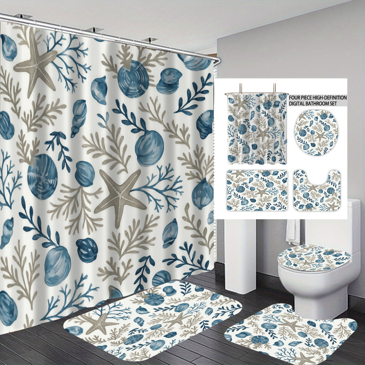 Temu cortina de baño impermeable personalizada serie de elementos marinos 3D impresión poliéster cortina de baño de cuatro piezas fábrica image 8