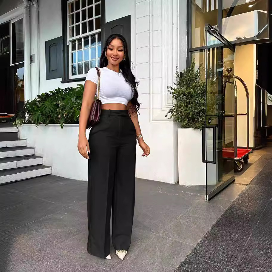 High waisted straight wide leg casual trousers_mkmklike.com