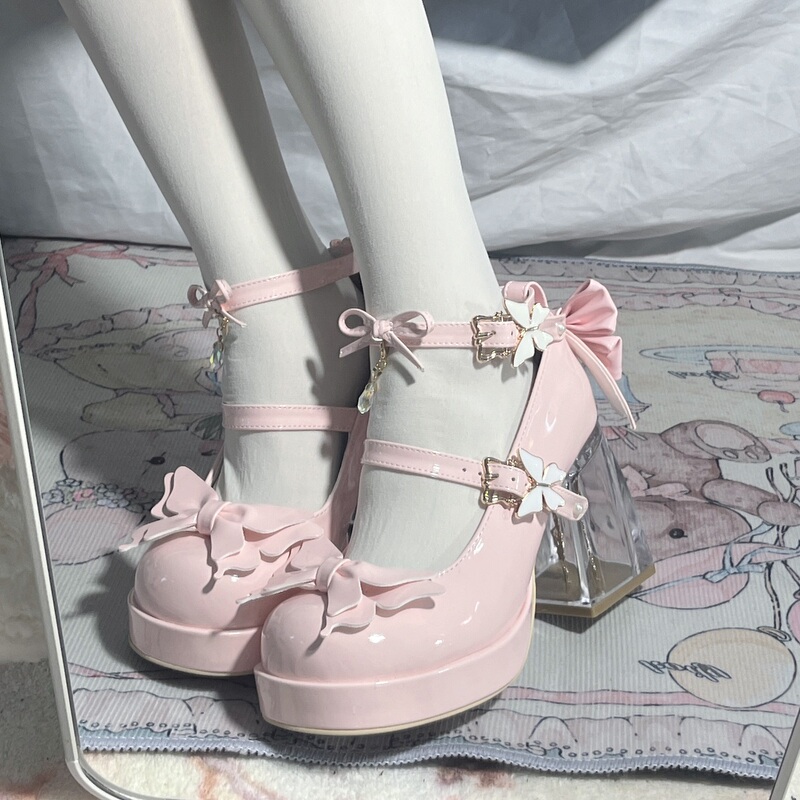 Spot Butterfly Kiss High-Heeled Waterproof Platform Lolita Shoes Round-Toe Princess Style Mary Jane Leather Shoes Lo Shoes