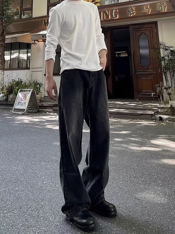 美式做旧复古牛仔裤男百搭宽松修身阔腿长裤微喇弯刀显瘦牛仔裤男|undefined