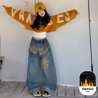 女童美式字母针织毛衣加绒双腰牛仔裤子打底衫三件套装潮