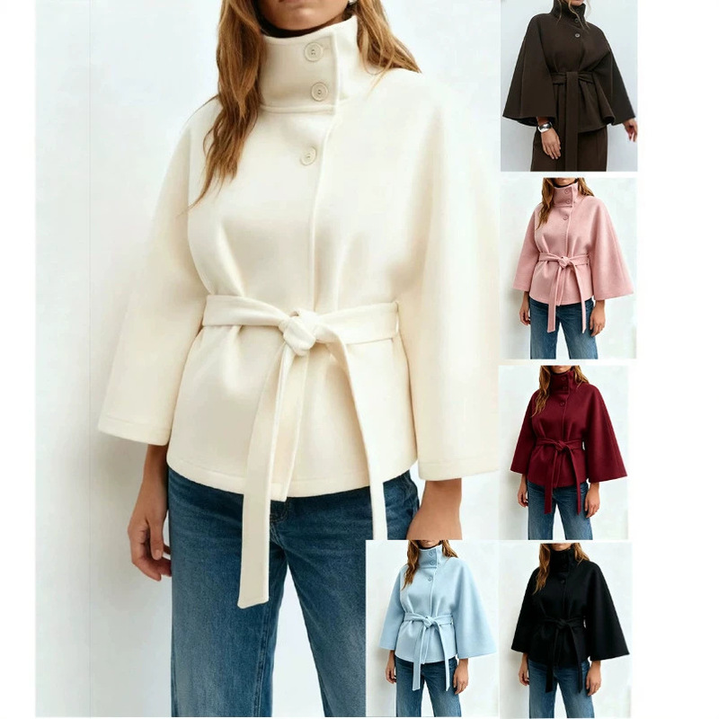 European and American cross-border women's clothing, new autumn and winter collection, Amazon elegant solid color cape with stand-up collar, buttoned belt trench coat European and American cross-border women's clothing, new autumn and winter collection, Amazon elegant solid color cape with stand-up collar, buttoned belt trench coat