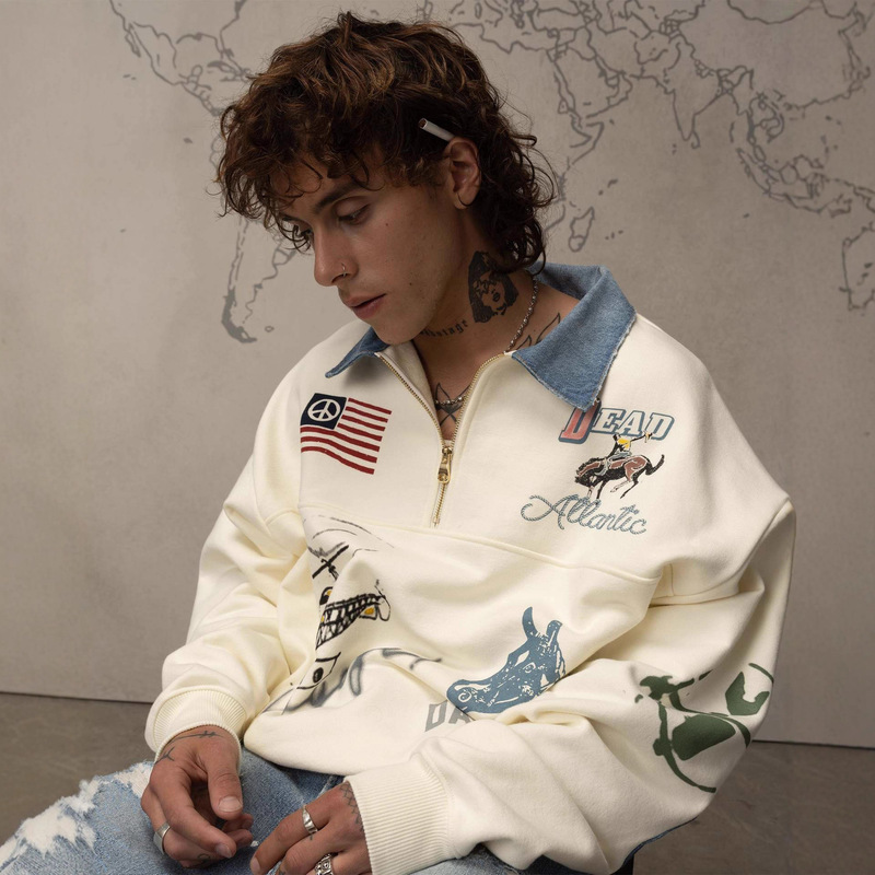 European and American Heavyweight Beautiful American Flag Freedom Beautiful Unicorn Print Pattern Men's and Women's Fashion Polo Collar Sweatshirt