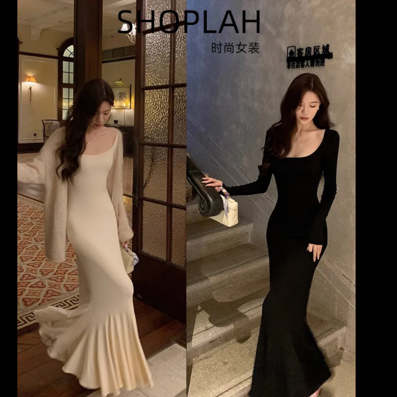 Black Long-Sleeved Dress for Women Autum 2025 New High-End Fishtail Waist Sexy Exposed Backpack Hip Long Skirt Black Long-Sleeved Dress for Women Autum 2025 New High-End Fishtail Waist Sexy Exposed Backpack Hip Long Skirt