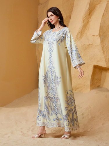 ZD011 Dubai ins Muslim women's robe beaded print dress round neck Abaya Middle Eastern style diamond