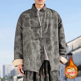 新中式满印花盘扣羊羔绒夹克男士冬季灯芯绒复古加绒加厚保暖棉衣