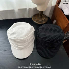 日系复古条纹时尚平顶帽女夏季轻薄透气防晒鸭舌帽休闲百搭海军帽