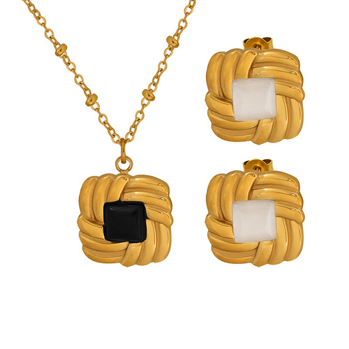 French Retro Colorfast Titanium Steel Gold Plated Twisted Pattern Enamel Cat's Eye Glass Stone Necklace Earrings Set