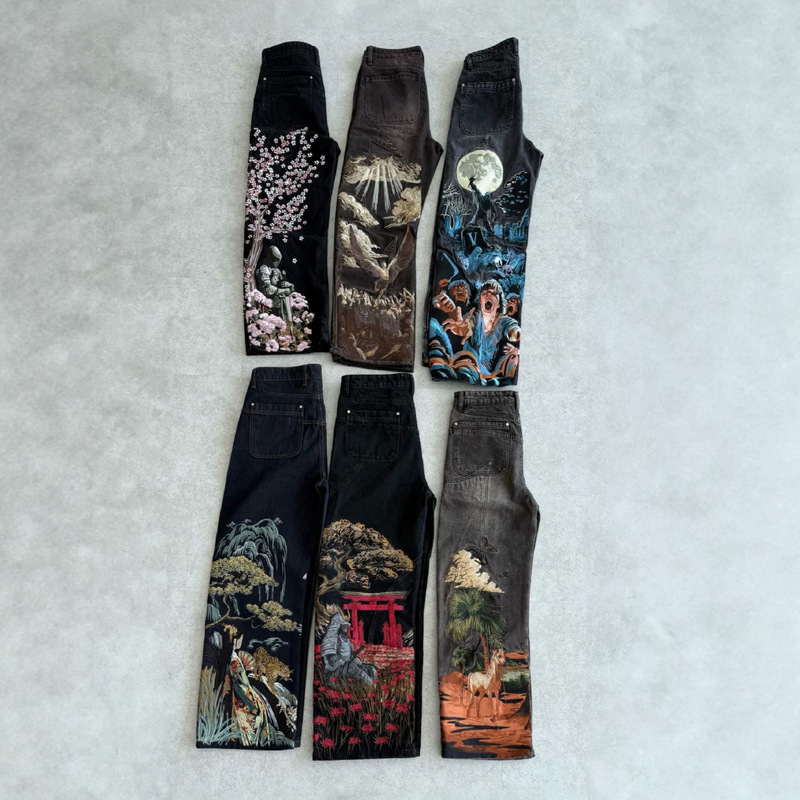 High-Quality European and American Vescartes Jeans, Cross-Border Vintage Heavy-Duty Embroidered Wide-Leg Cherry Blossom Jeans for Men and Women High-Quality European and American Vescartes Jeans, Cross-Border Vintage Heavy-Duty Embroidered Wide-Leg Cherry Blossom Jeans for Men and Women