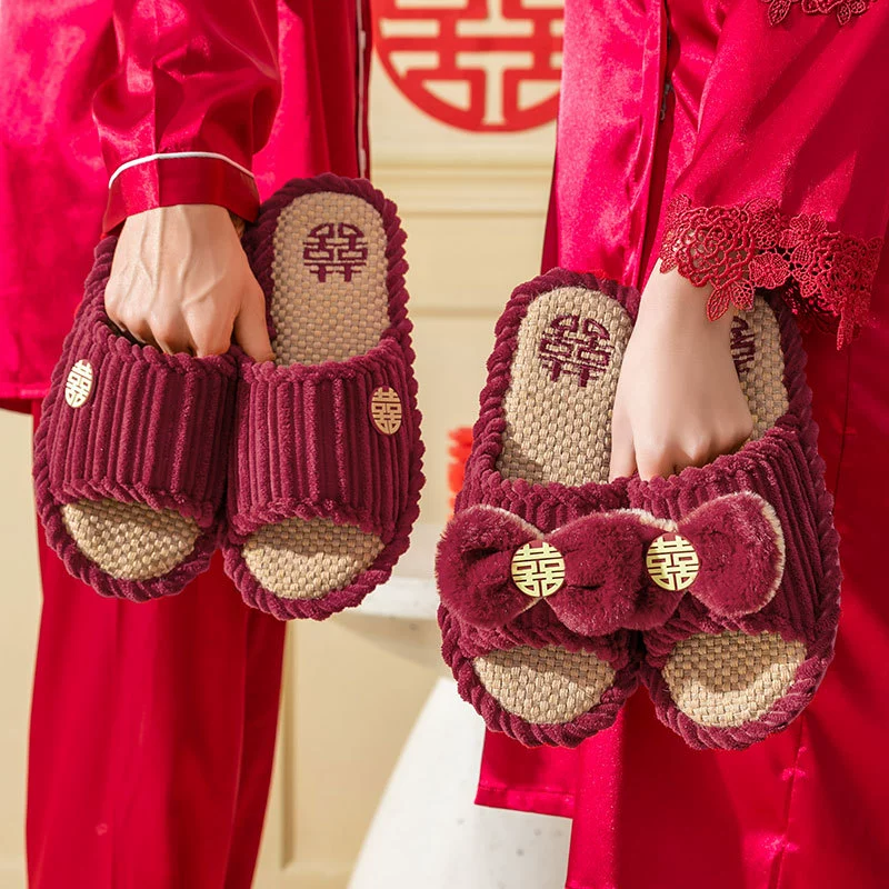 Свадебные тапочки Свадебные праздничные красные пара зима Крытый дома свадебные тапочки