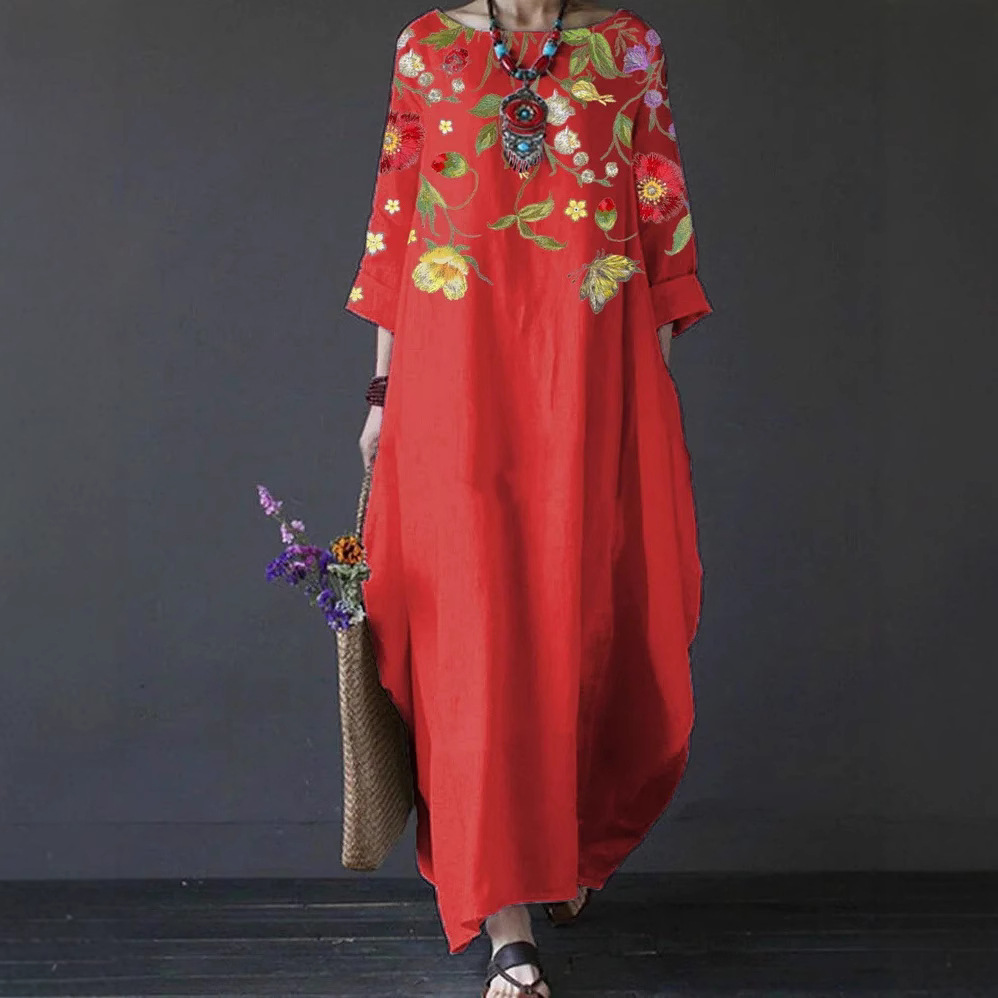 Independent Brand Printed Women's Clothing, European And American Three-quarter Sleeve Midi Dress, Floral Bohemian_ecoleips.com