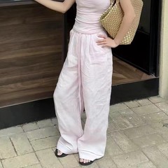 フレンチピンク 100% リネンストレートパンツ女性 25 夏カジュアル刺繍中空裾エクストラロングワイドレッグパンツ