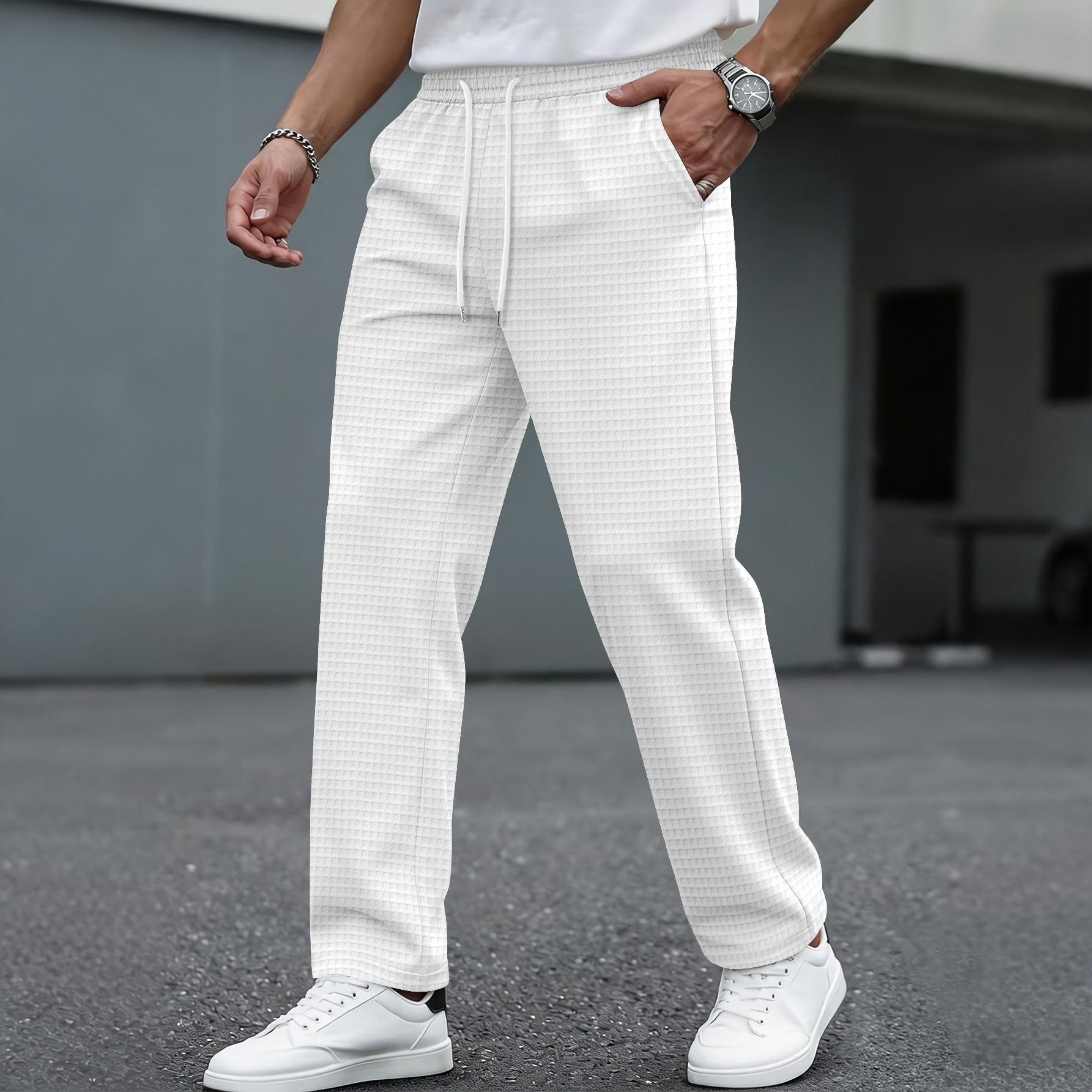 Men's Large Checkered Casual Sportswear Trousers Belted Waist Wide Leg Midweight Polyester Long Pants Black Gray Solid Color_viptrois.com