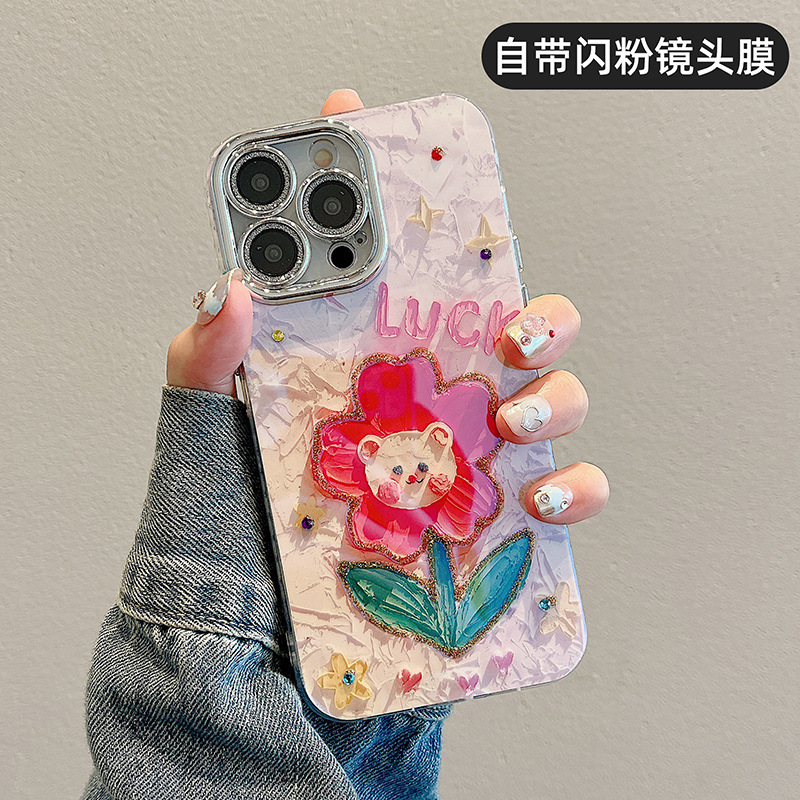 Verano pintura al óleo flor oso usando iPhone16ProMax pareja 14 Apple 15 funda para teléfono móvil 13 cadena 16