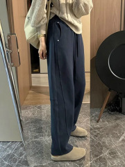 藏青色弯刀卫裤女春秋胖mm大码休闲显瘦哈伦直筒宽松运动裤小个子