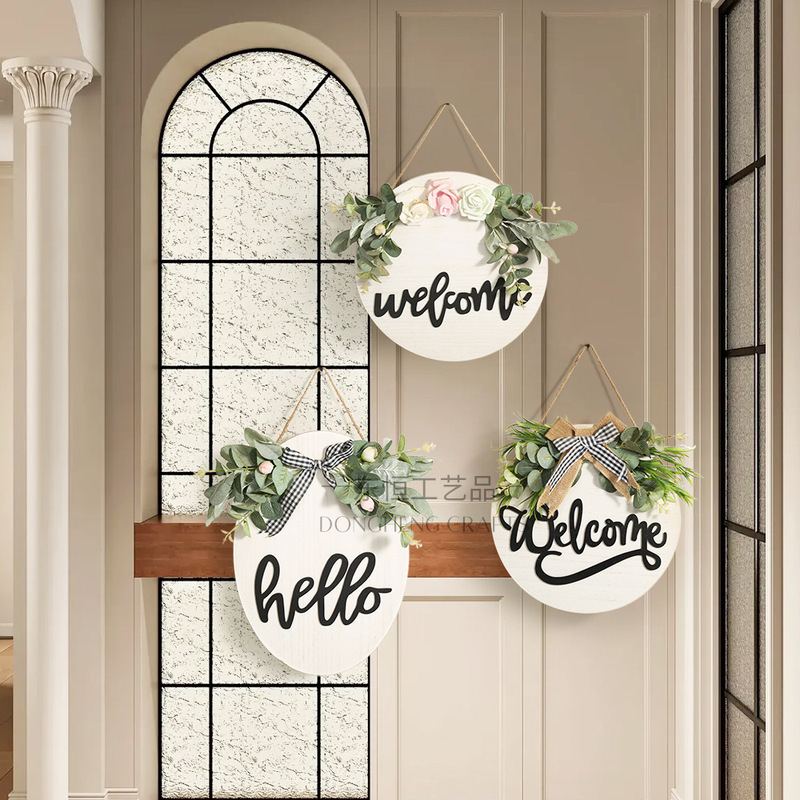 Wooden plate decoration welcome sign Hello front door round hanging simulation flower bow farmhouse wooden door tag