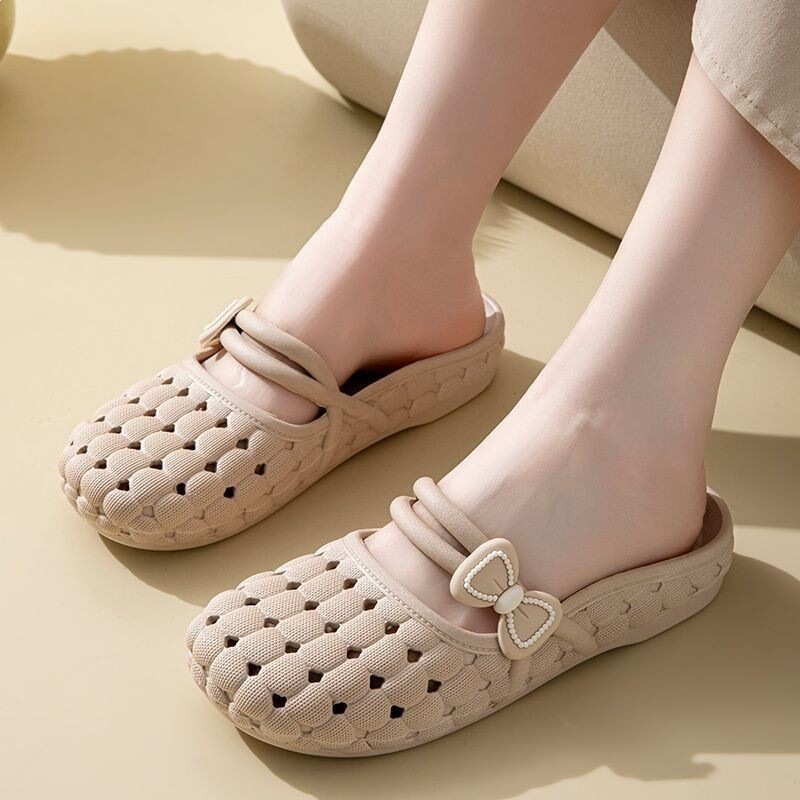Women's Summer New Fashion Soft-Soled Home and Outdoor Breathable Flat Clogs with Bowknot Design