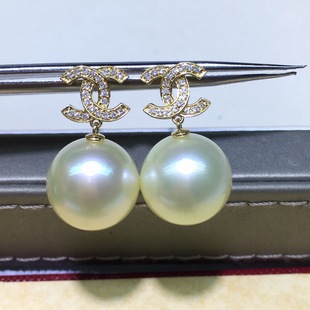 Dry Rose Sunset Gold Natural Nanyang Pearl Earrings Round Strong Light Basic Flawless 18k Gold Diamond