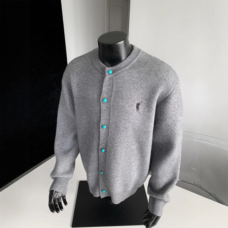 Gray Embroidered Turquoise Cardigan Knitwear Men's Autum High-End American Retro Lazy Style Knitwear Jacket