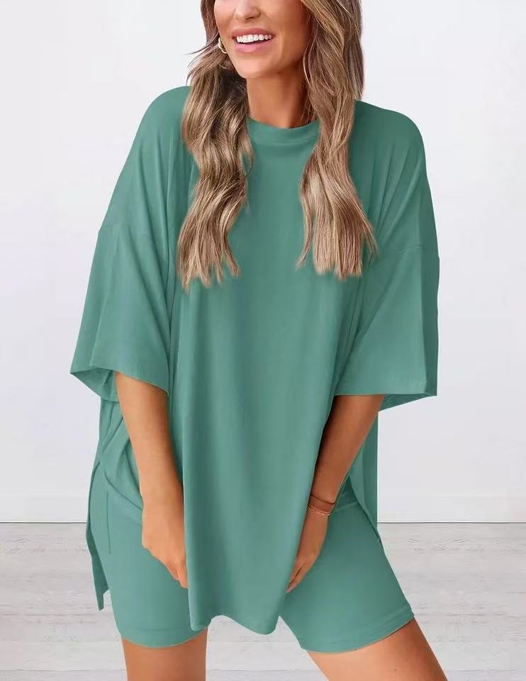 2025 Spring Summer European And American Cross-Border New Loose Fashion Solid Color Casual Short Sleeve Shorts_ecoleips.com