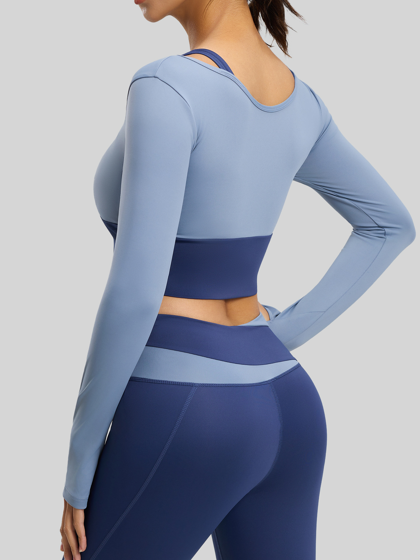 Nueva ropa deportiva ajustada de Juyitang, ropa de yoga falsa de dos piezas sin sujetador con bloques de color a prueba de golpes