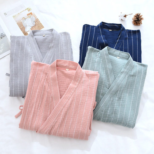 Japanese pure cotton kimono-style nightgown for women, summer and autumn thin gauze robe home sleepwear couple bath robe sweat bath robe for men