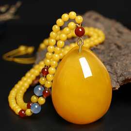 直播蜜蜡吊坠鸡油黄二代琥珀大水滴项链手工编织男女款毛衣链
