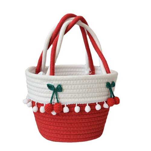 New straw woven bag, cherry woven bag, casual handbag, small fresh beach bag for girlfriend, cotton thread tassel basket