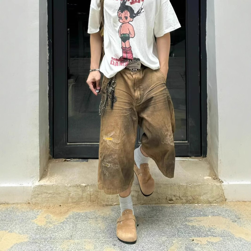 Khaki Cropped Pants for Men 2025 Summer New Style Washed and Distressed Niche Design Straight Loose Denim Shorts