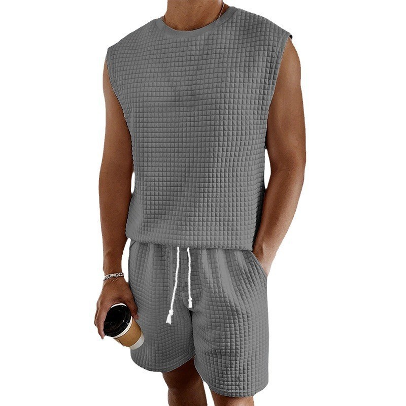 Men's Sports Suit For Summer Leisure Small Checkered Sleeveless Vest And Shorts Set New_voghion.com