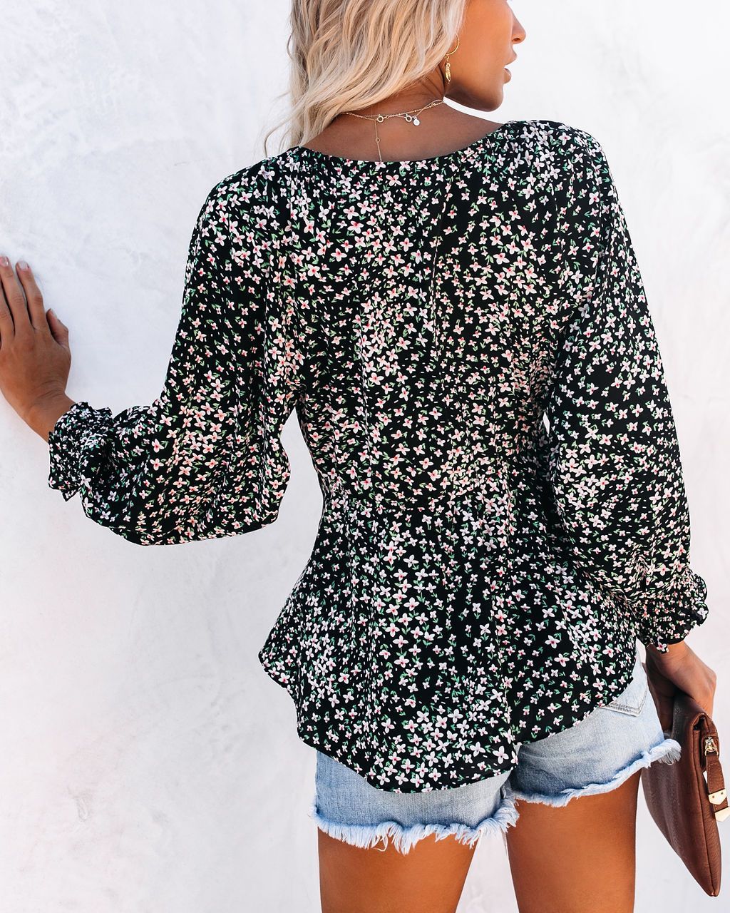 floral print long-sleeved V-neck knotted shirt top NSCXY121822