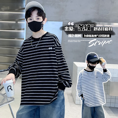 男童春季繡花條紋百搭打底衫2024新款兒童休閒衛衣長袖T恤春秋裝