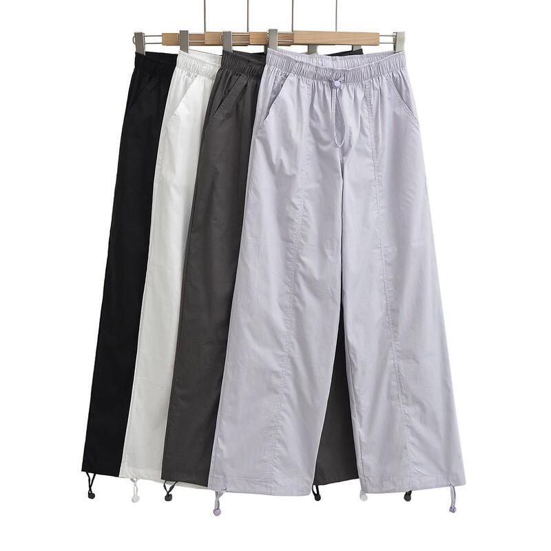 American Drawstring High-Waist Parachute Pants for Women 2023 Autum Loose Straight Casual Wide-Leg Cargo Pants European and American Style