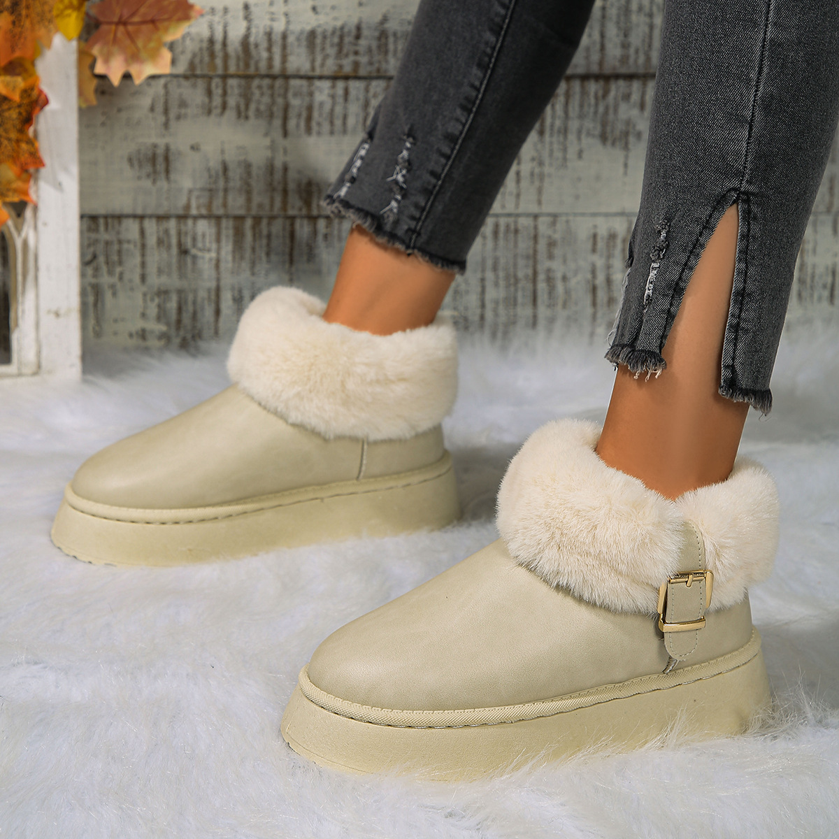 Scarpe da donna stivali da neve con suola spessa donna 2024 inverno nuovo stile caldo più veet ispessito pelle antiscivolo scarpe di cotone_voghion.com