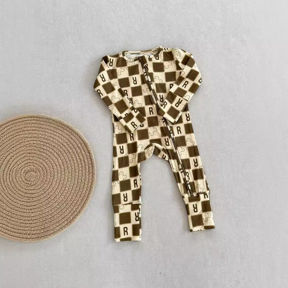 Cross-border baby printed bamboo fiber long-sleeved jumpsuit climbing suit zipper baby pajamas spring and summer home clothes bag fart clothes