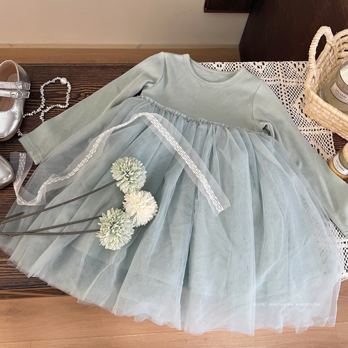 Korean children's clothing 2024 new spring girls' long-sleeved dress children's stylish princess fluffy skirt net dress