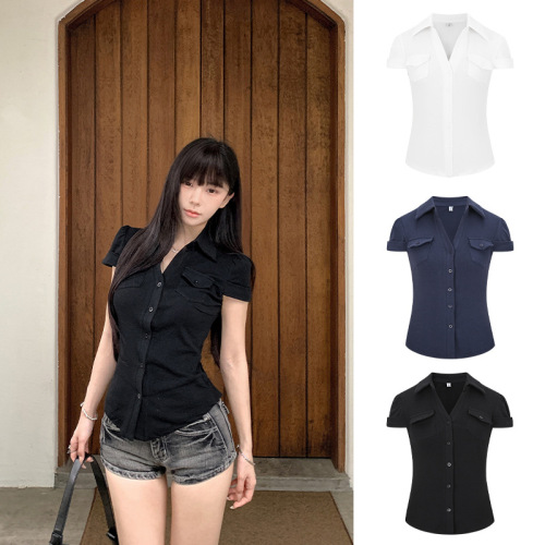 Cross-border Southeast Asian Korean-style high-waisted slimming short-sleeve pocket-waisted temperament spicy girl shirt 63060