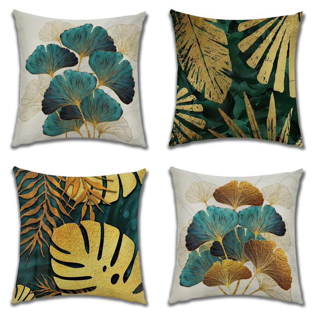 Amazon Gold Leaf Ginkgo Leaves Green Planting Linen Pillowcase Golden Linen Sofa Pillow Cushion Office Pillow