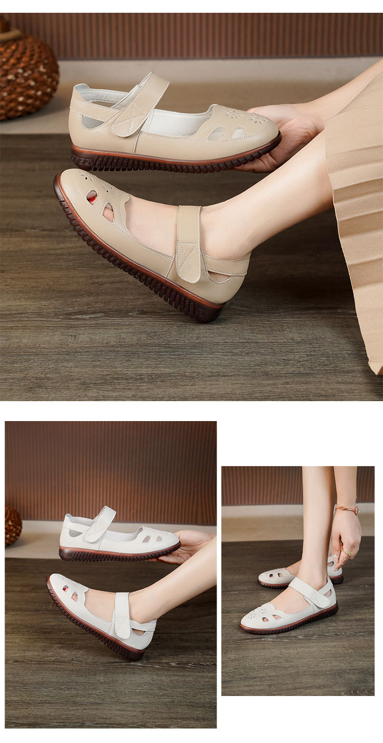 Sandal da thật nữ đế cao su bệt thoáng khí, phong cách thoải mái cho mẹ — màu đen chi tiết 12