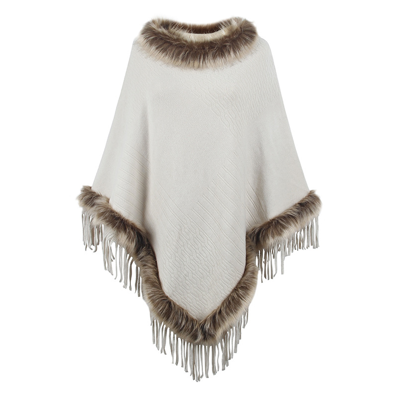 Knitted tassel cape women's solid color pullover loose shawl coat_voghion.com