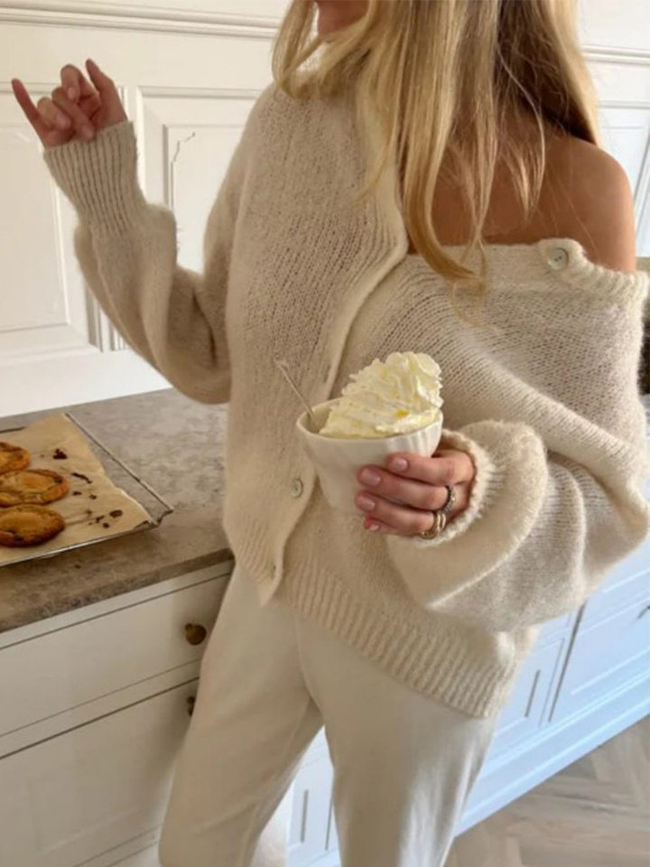 Áo cardigan len dệt kim dáng mỏng nhẹ cài nút một hàng, tay dài cổ tròn nữ — hoa hồng đỏ, màu be, màu cam, màu hoa cà chi tiết 61
