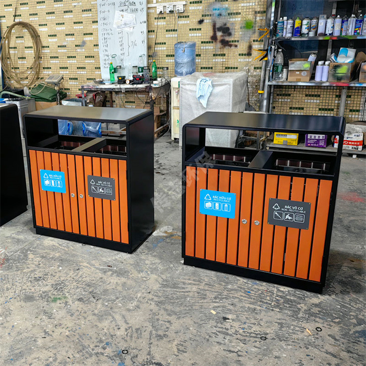 Outdoor Municipal Road Park Sanitation Steel-Wood Dual-Category Trash Can Metal Anti-Corrosion Wood Peel Box Recycling Box Outdoor Municipal Road Park Sanitation Steel-Wood Dual-Category Trash Can Metal Anti-Corrosion Wood Peel Box Recycling Box