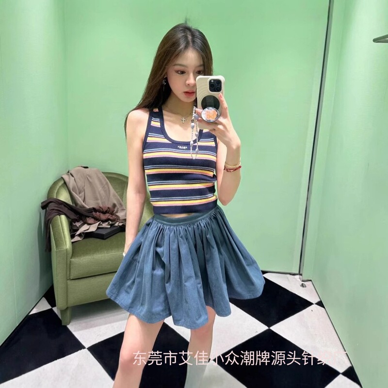 In-Stock High-End Striped Knit Vest 25 Spring/Summer New Letter Embroidery Stretch Slim Knit Short-Sleeve Top