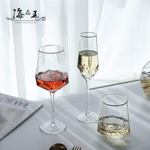 Light luxury diamond hammered goblet champagne glass crystal glass red wine glass gold rim wine glass set foreign wine glass wholesale