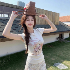 【工場直売】ギャル猫半袖tシャツ底シャツ女性夏減齢chi丸襟正肩上着