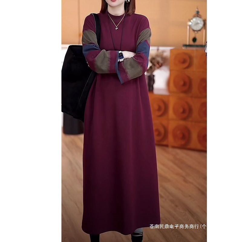 洋气圆领秋季连衣裙中年女妈妈大码宽松遮肚显瘦优雅气质裙子